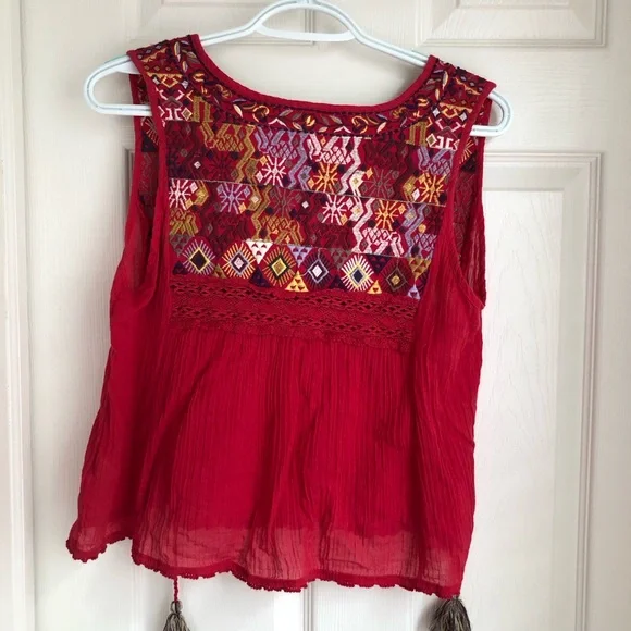 Free People Lohri Red Embroidered bohemian tank top with key hole tie tassels - Picture 7 of 7